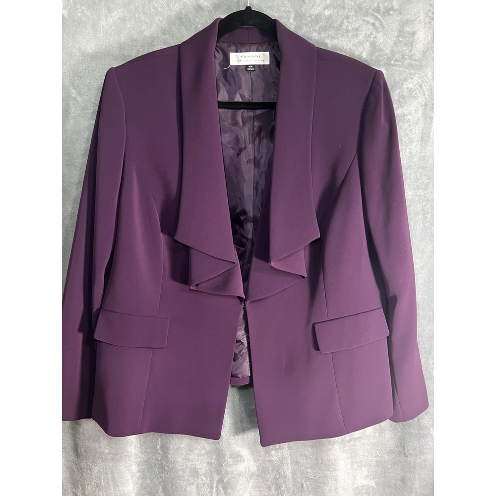 Tahari Arthur S Levine 16W Plum Purple Ruffle Front Blazer Career Jacket